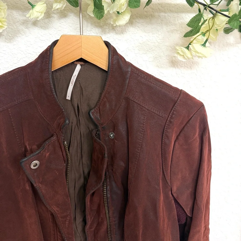 Free People • Mahogany Moto Jacket with Rib Trim and Zipper Detailing